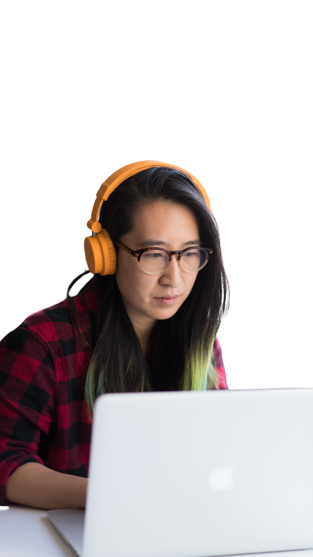 A woman with headphones and a laptop