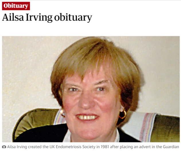 Image shows photograph of Ailsa Irving with the heading "Ailsa Irving obituary"