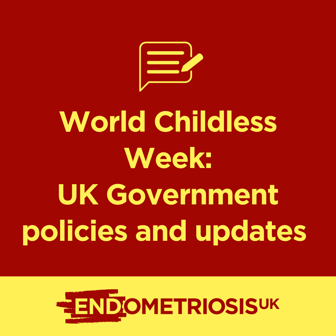 Yellow text on a red background reads 'World Childless Week: UK Government policies and updates'