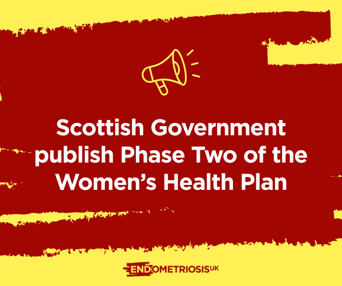 Image description: A red and yellow background with white text that reads "Scottish Government publish Phase Two of the Women's Health Plan". A small yellow megaphone icon sits above the text.