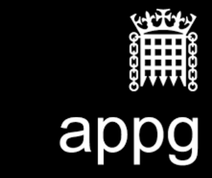 A black background and the crowned portcullis at the top right corner and "appg" at the bottom in white.