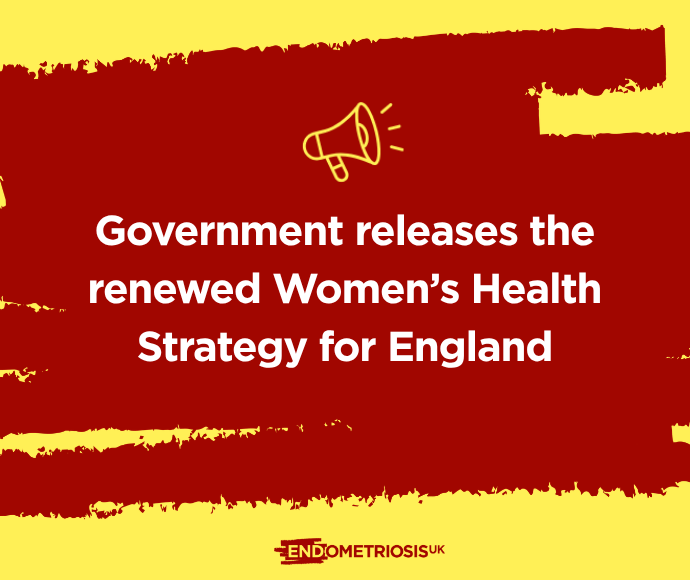 A red and yellow background with white text that reads "Government releases the renewed Women's Health Strategy for England". A small yellow megaphone icon sits above the text.