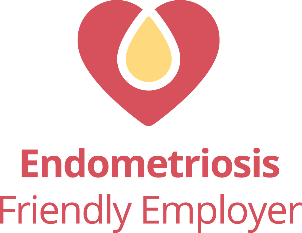 Endometriosis Friendly Employer logo on a light grey background. The design features a red heart-shaped symbol with a gold teardrop shape at its centre above the text “Endometriosis Friendly Employer” in red.