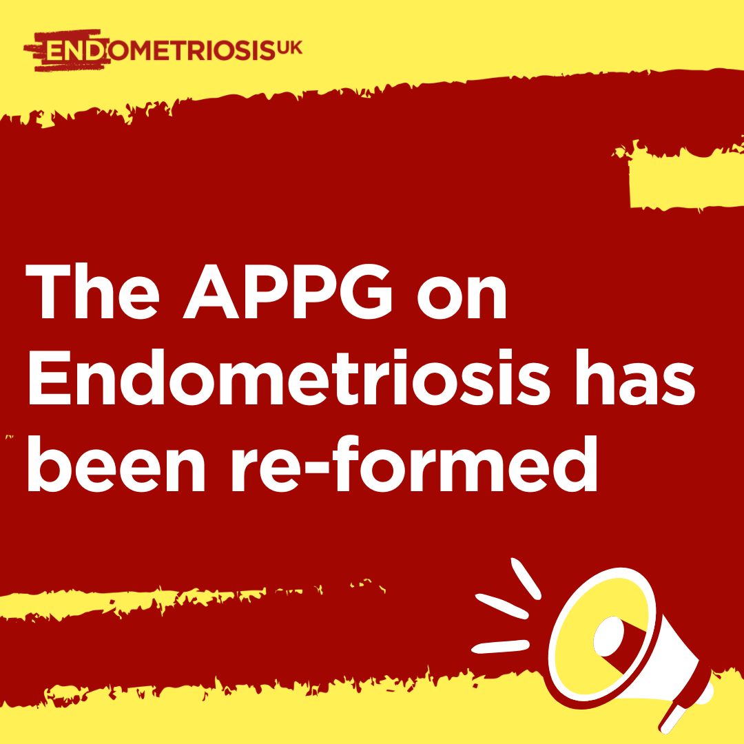 Graphic on a pale yellow background featuring broad dark red paint-stroke bands across the centre. Large white text reads: “The APPG on Endometriosis has been re-formed”. The Endometriosis UK logo appears in the top left corner, while a white, yellow and red megaphone illustration is shown in the bottom right.