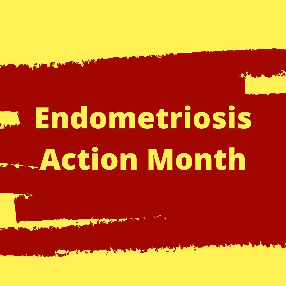 Graphic with a pale yellow background and broad red paint-stroke bands across the centre. Large yellow text reads: “Endometriosis Action Month”
