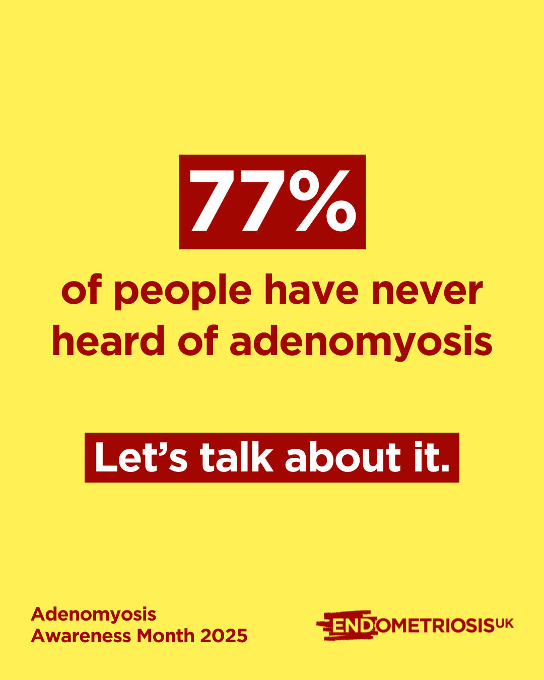 Graphic promoting Adenomyosis Awareness Month 2025 on a pale yellow background. Large dark red text reads: “77% of people have never heard of adenomyosis”. Below, a dark red banner contains white text reading: “Let’s talk about it.” In the lower left corner, text reads “Adenomyosis Awareness Month 2025”