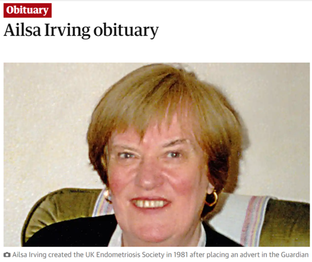 Screenshot of an obituary article titled “Ailsa Irving obituary”, with the word “Obituary” shown in a red label at the top. Below the headline is a portrait photograph of a person with short light-coloured hair seated indoors. A caption beneath the image reads: “Ailsa Irving created the UK Endometriosis Society in 1981 after placing an advert in the Guardian.”