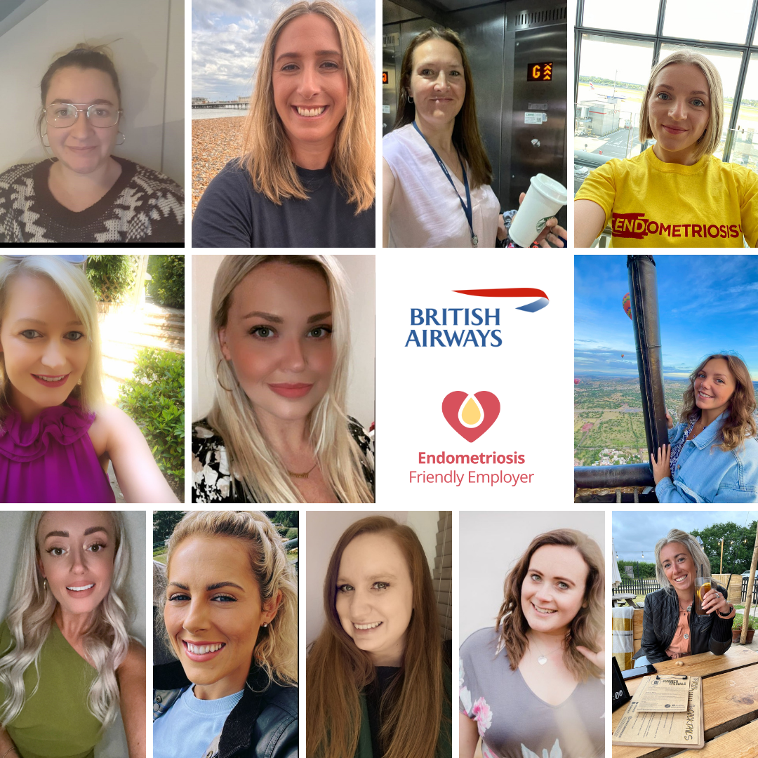 Collage featuring multiple portrait photographs of employees and supporters alongside the British Airways logo and the Endometriosis Friendly Employer logo. The images show individuals in a variety of settings, including outdoors, at an airport, in a hot air balloon, and in casual selfie-style portraits. At the centre of the collage, the British Airways logo appears above the Endometriosis Friendly Employer logo, highlighting the organisation's participation in the Endometriosis Friendly Employer scheme.