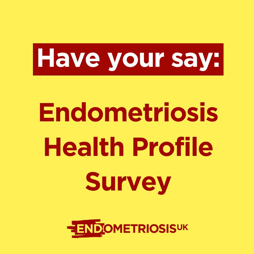 Graphic on a pale yellow background featuring dark red text. A banner at the top reads “Have your say:”, followed by the main message: “Endometriosis Health Profile Survey”