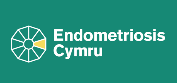 Endometriosis Cymru logo on a teal-green background. The design features a circular geometric emblem outlined in white, with one segment highlighted in yellow, positioned to the left of the white text “Endometriosis Cymru”