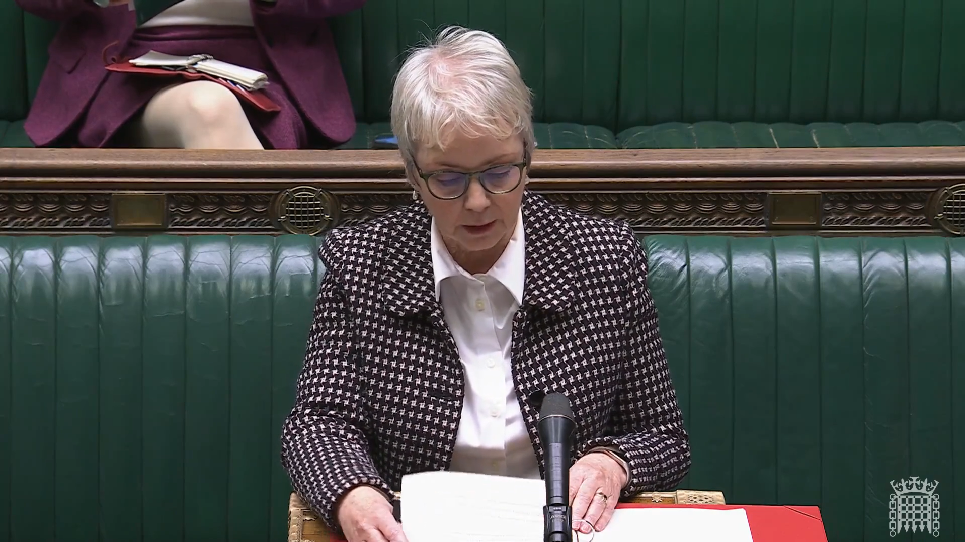 Person seated at a desk in the House of Commons chamber, reading from a document positioned in front of a microphone. The chamber’s distinctive green leather benches and ornate wood panelling are visible in the background. The person is wearing glasses, a white shirt and a patterned dark jacket. Papers and a red folder are placed on the desk, while another seated individual is partially visible in the background.