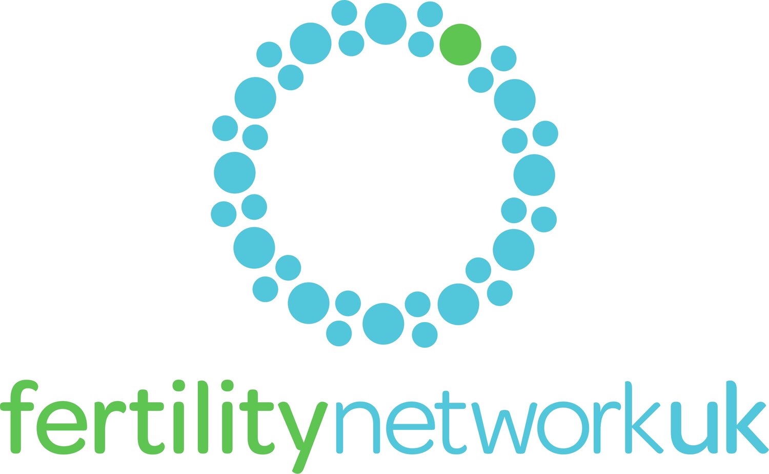 Fertility Network UK logo on a light grey background. The logo features a circular ring made up of turquoise dots of varying sizes, with one green dot highlighted near the top right of the circle. Below the symbol, the text “fertilitynetworkuk” appears in lowercase letters, with “fertility” in green and “networkuk” in turquoise.