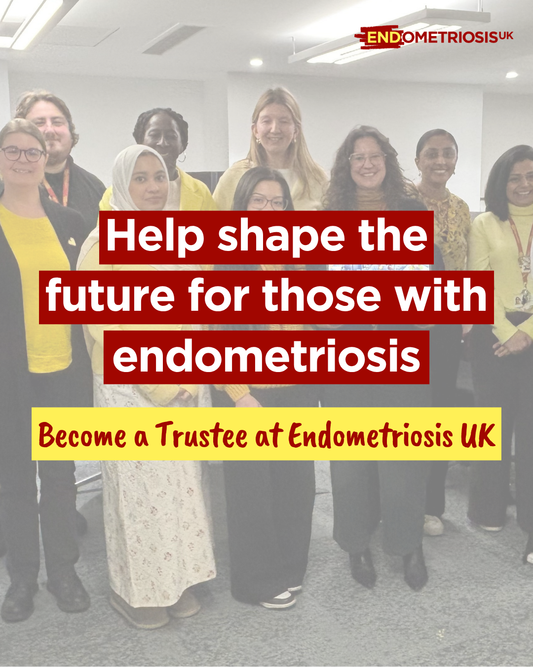 Group photo of smiling volunteers and staff standing together indoors, overlaid with text reading 'Help shape the future for those with endometriosis. Become a Trustee at Endometriosis UK,' with the Endometriosis UK logo at top