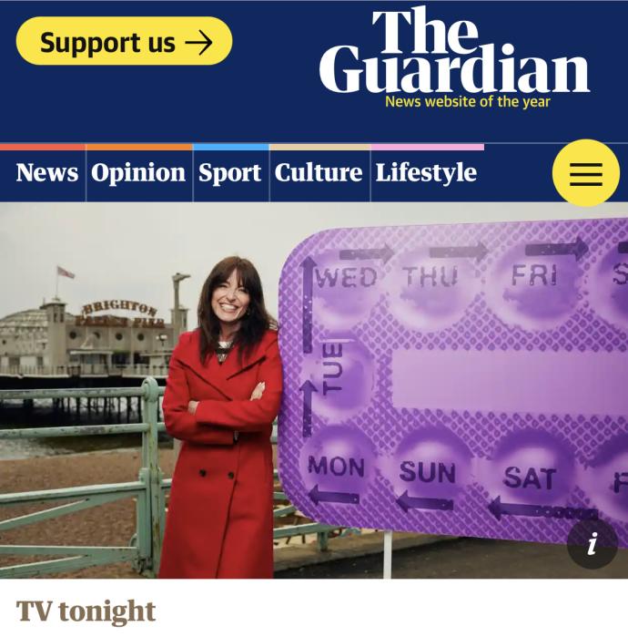 Screenshot of The Guardian website homepage or article preview. Davina McCall in a red coat stands beside a large image of a purple contraceptive pill packet, with Brighton Pier visible in the background. 