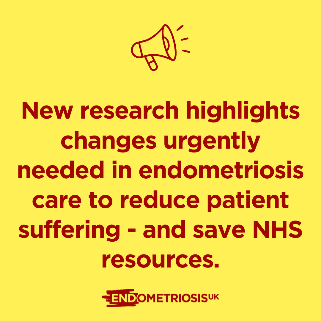 Graphic on a pale yellow background featuring a dark red megaphone icon at the top. Large dark red text reads: “New research highlights changes urgently needed in endometriosis care to reduce patient suffering and save NHS resources.”