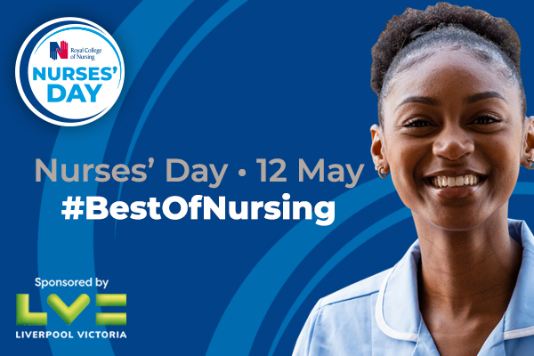 Promotional banner for Nurses’ Day featuring a healthcare worker in a light blue uniform on the right against a dark blue background with curved graphic elements. Text reads “Nurses’ Day - 12 May” and “#BestOfNursing”