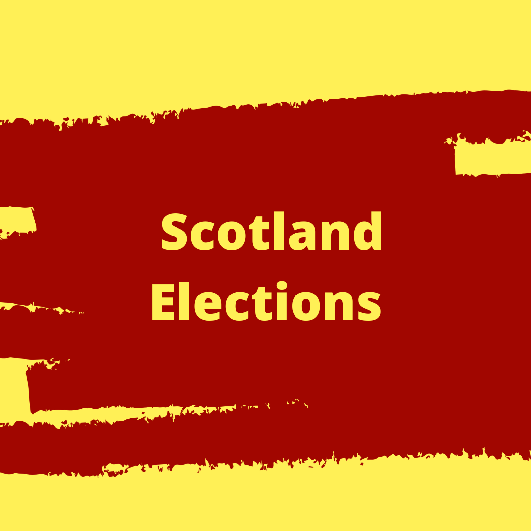 Graphic with a pale yellow background and broad red paint-stroke bands across the centre. Large yellow text reads: “Scotland Elections”