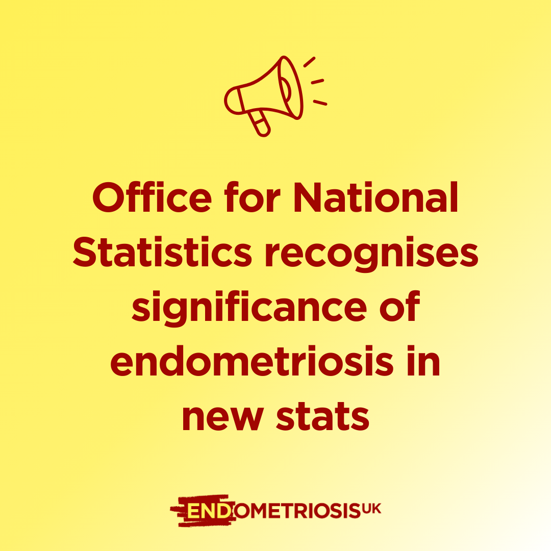 Graphic on a pale yellow background featuring a dark red megaphone icon at the top. Large dark red text reads: “Office for National Statistics recognises significance of endometriosis in new stats”
