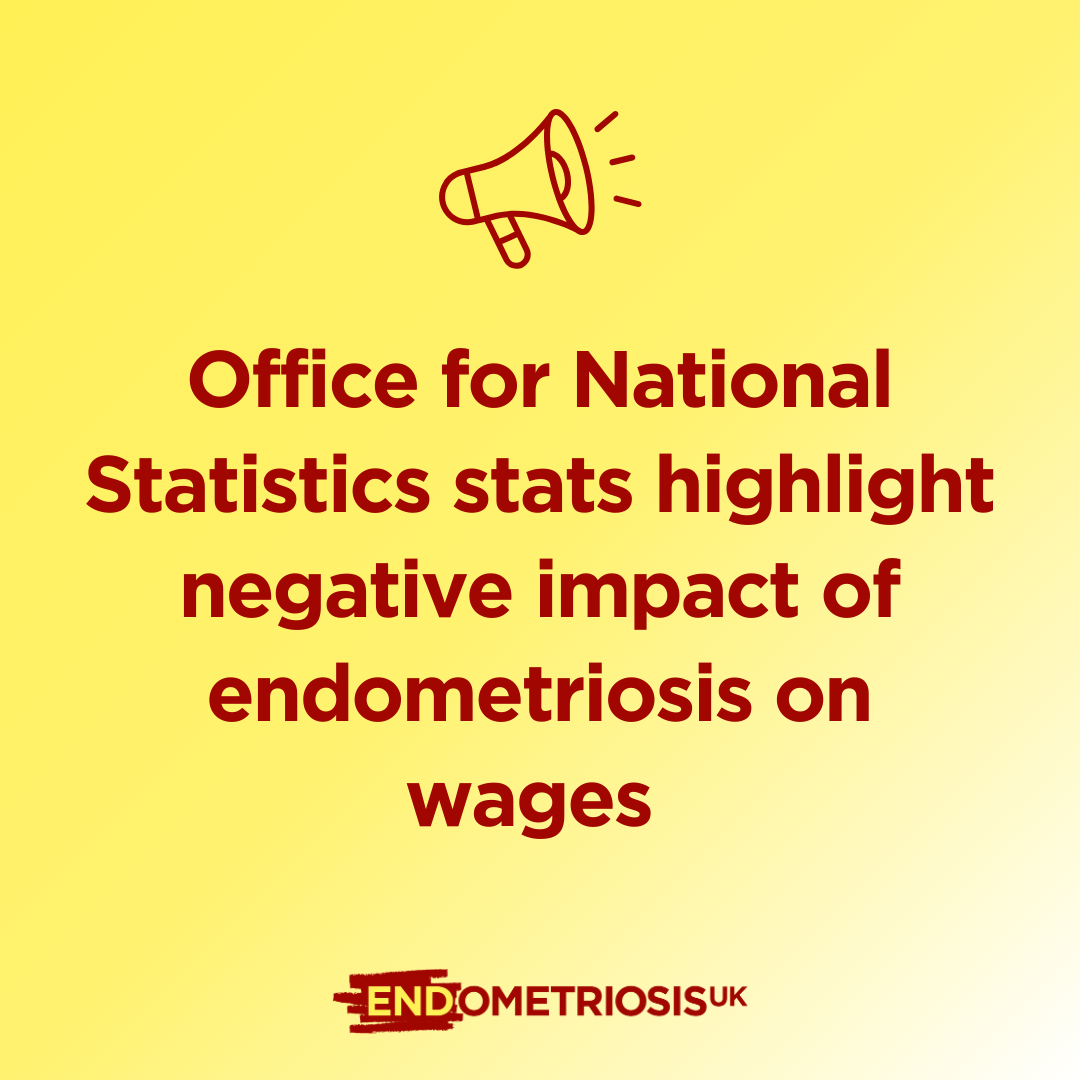 Graphic on a pale yellow background featuring a dark red megaphone icon at the top. Large dark red text reads: “Office for National Statistics stats highlight negative impact of endometriosis on wages”.