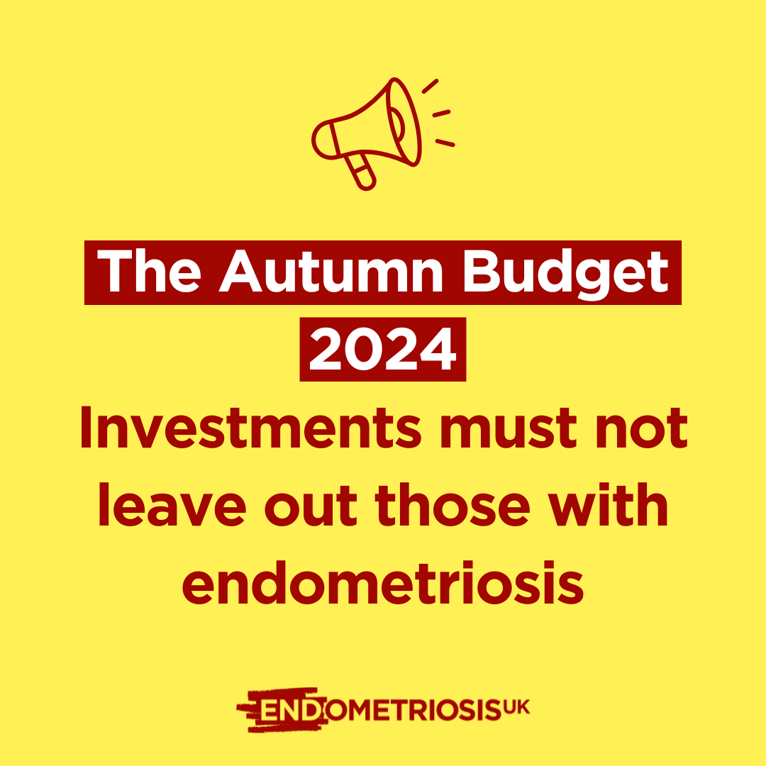 Graphic on a pale yellow background featuring a dark red megaphone icon at the top. Large dark red text reads: “The Autumn Budget 2024” above the message: “Investments must not leave out those with endometriosis”. The Endometriosis UK logo appears at the bottom.