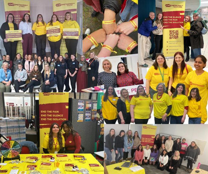 Photo collage of Endometriosis UK volunteers celebrating Volunteers' Week, showing group photos of people wearing yellow t-shirts and lanyards with the charity's branding, hands stacked together in a team huddle, an information table with a QR code sign, and several indoor group shots of smiling volunteers of diverse ages and backgrounds