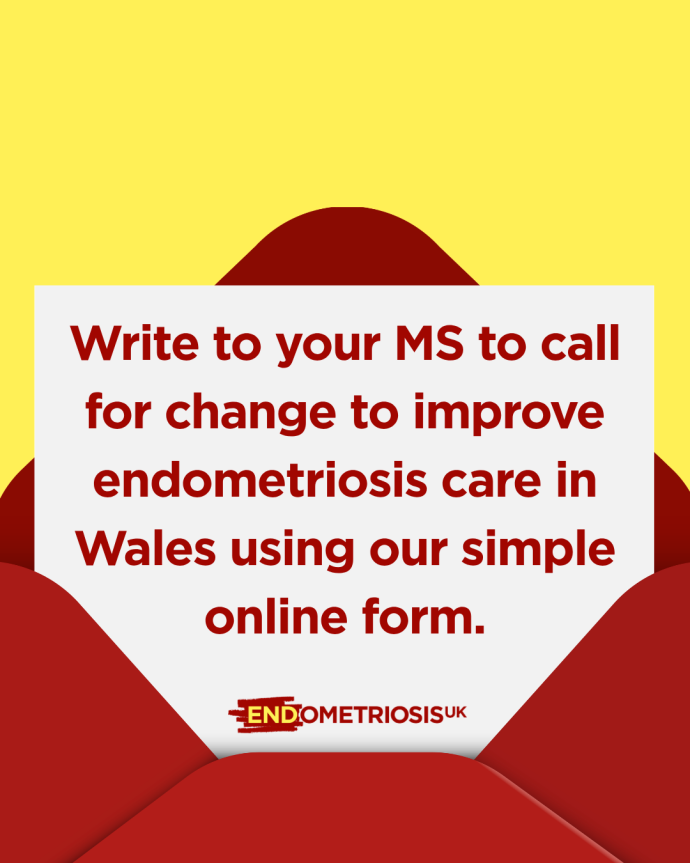 Graphic of a white letter emerging from a red envelope on a yellow background, reading 'Write to your MS to call for change to improve endometriosis care in Wales using our simple online form,' with the Endometriosis UK logo below