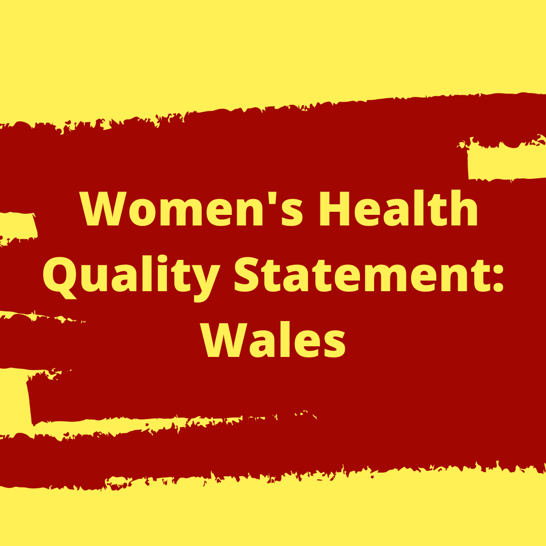 Graphic with a pale yellow background and broad red paint-stroke bands across the centre. Large yellow text reads: “Women's Health Quality Statement: Wales”