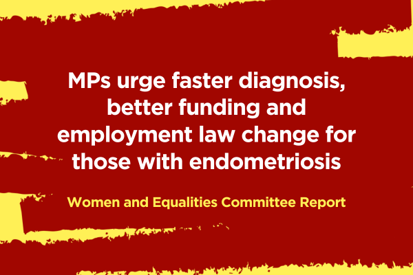 Graphic on a pale yellow background featuring broad dark red paint-stroke bands across the centre. Large white text reads: “MPs urge faster diagnosis, better funding and employment law change for those with endometriosis”. Smaller yellow text below reads: “Women and Equalities Committee Report”