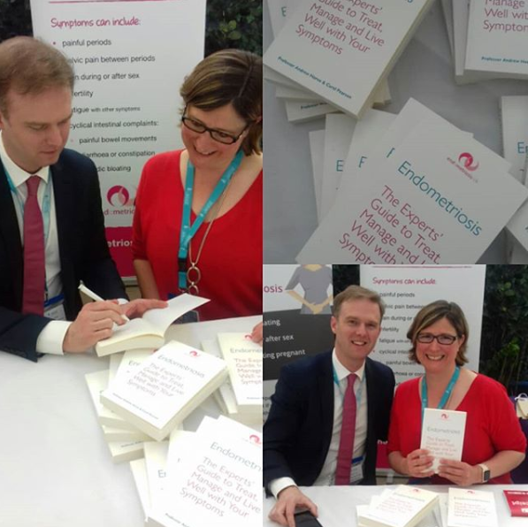 A three-panel photo collage from a book signing event for "Endometriosis: The Experts' Guide to Treat, Manage and Live Well with Your Symptoms." The left panel shows a man in a suit signing copies at a table stacked with books, while a woman in red looks on; the top-right panel shows a close-up pile of the book covers; and the bottom-right panel shows the man and woman smiling together at the table, holding up a copy of the book, with an "Endometriosis" symptoms poster visible in the background.
