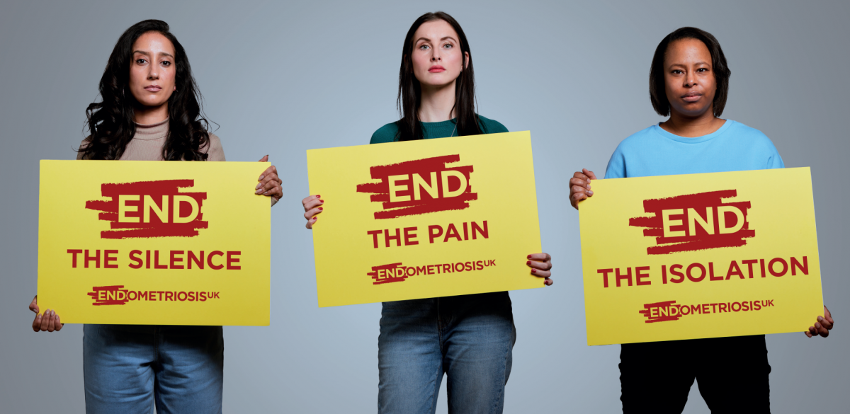 Three people stand against a plain grey background, each holding a large yellow campaign placard from Endometriosis UK. The signs feature red text and graphics with the messages: “END THE SILENCE”, “END THE PAIN”, and “END THE ISOLATION”