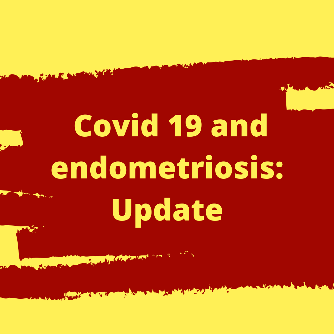 A graphic with bold yellow text reading "Covid 19 and endometriosis: Update" centered on a dark red, brush-stroke banner shape against a bright yellow background.