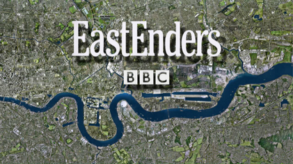 The title screen for the BBC soap opera EastEnders, showing an aerial map view of London with the River Thames winding through it, overlaid with the large "EastEnders" wordmark and the BBC logo beneath it.