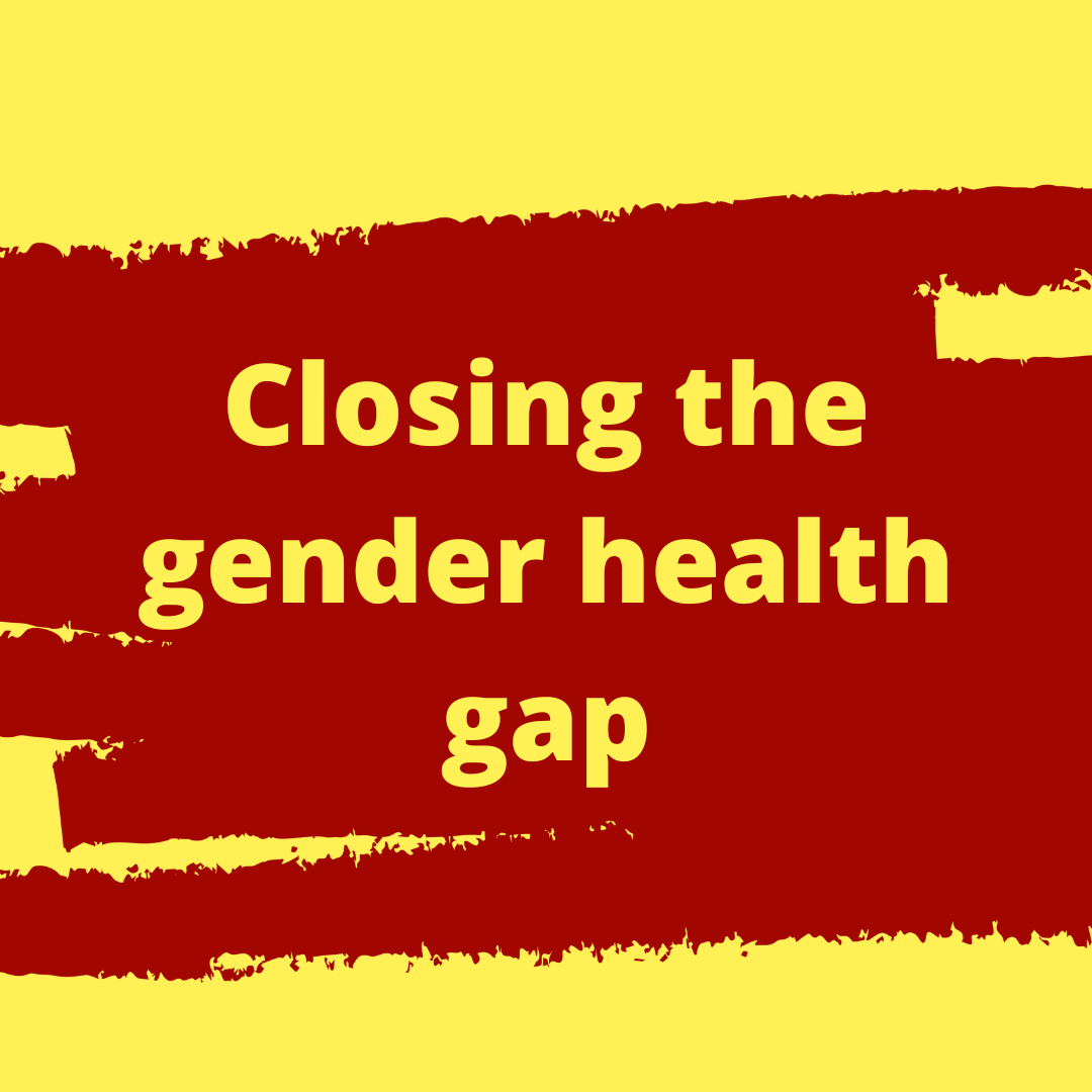 Graphic with a pale yellow background and broad red paint-stroke bands across the centre. Large yellow text reads: “Closing the gender health gap”