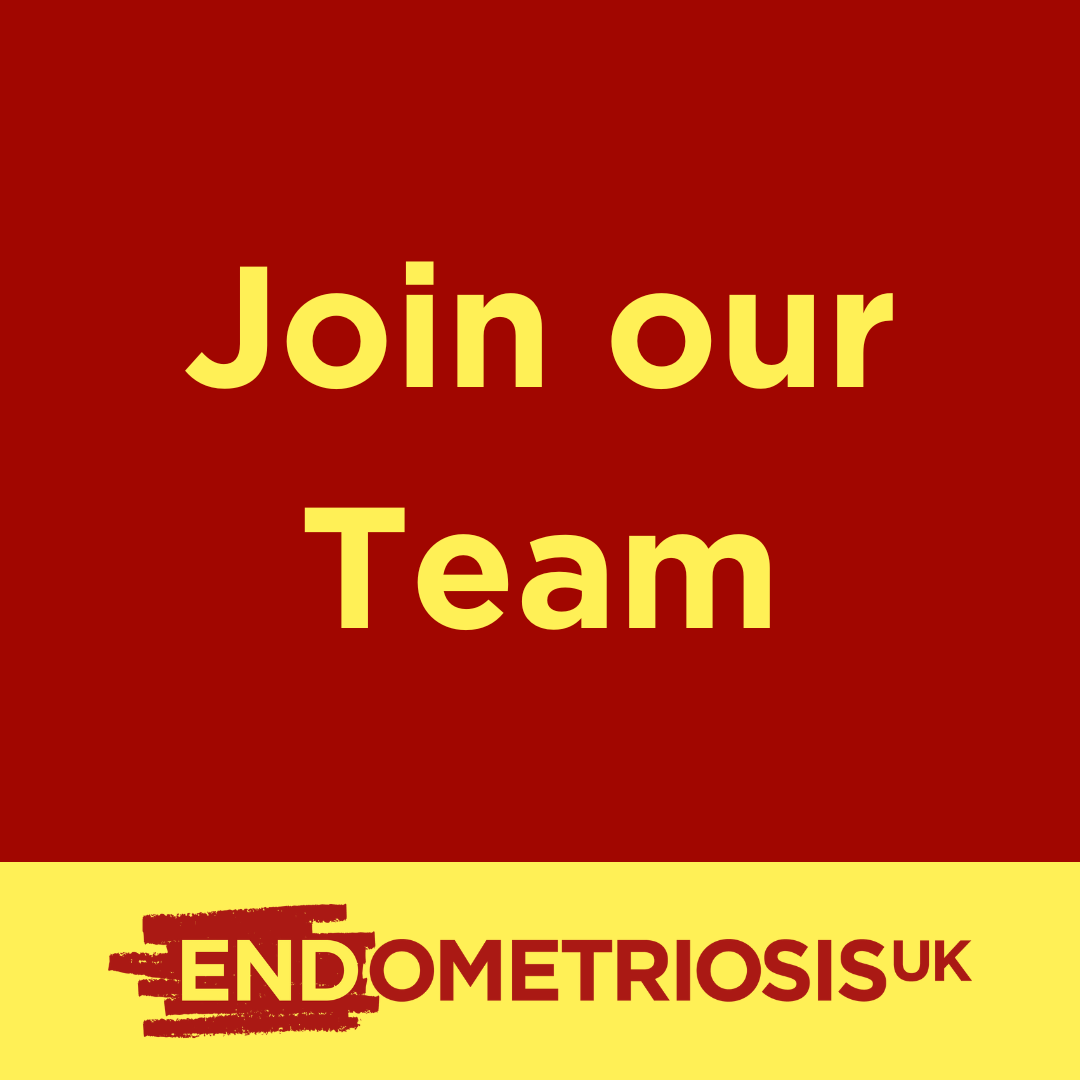 Graphic promoting recruitment by Endometriosis UK. The design features a dark red background with large yellow text reading “Join our Team”