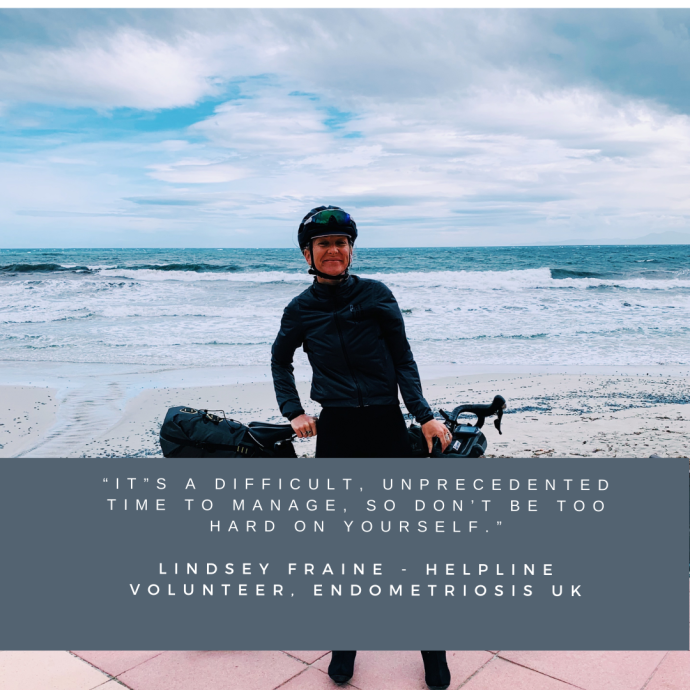 A promotional graphic shows a woman wearing a cycling helmet standing on a beach with a bicycle, ocean waves behind her under a partly cloudy sky. Below the photo, a dark gray banner displays a quote about not being too hard on yourself during a difficult, unprecedented time, attributed to Lindsey Fraine, a helpline volunteer for Endometriosis UK.