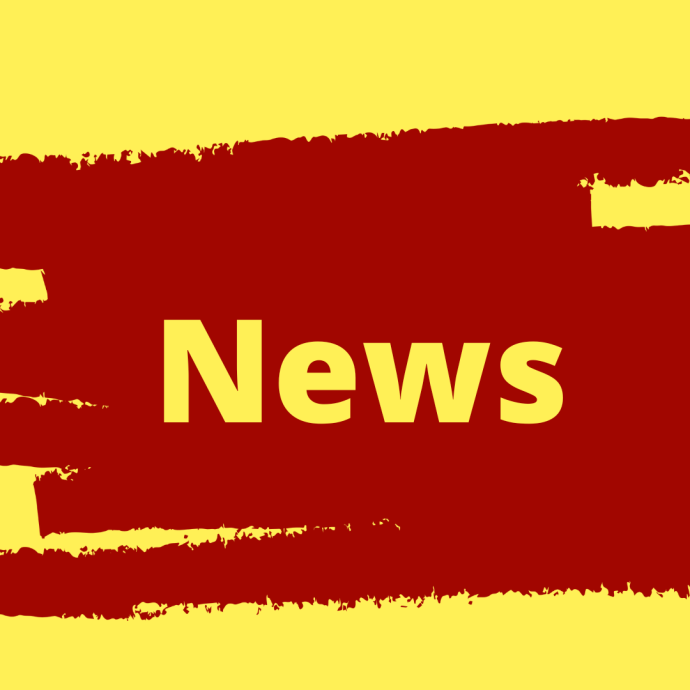 A graphic featuring the bold yellow word "News" centered on a dark red, brush-stroke banner shape against a bright yellow background.