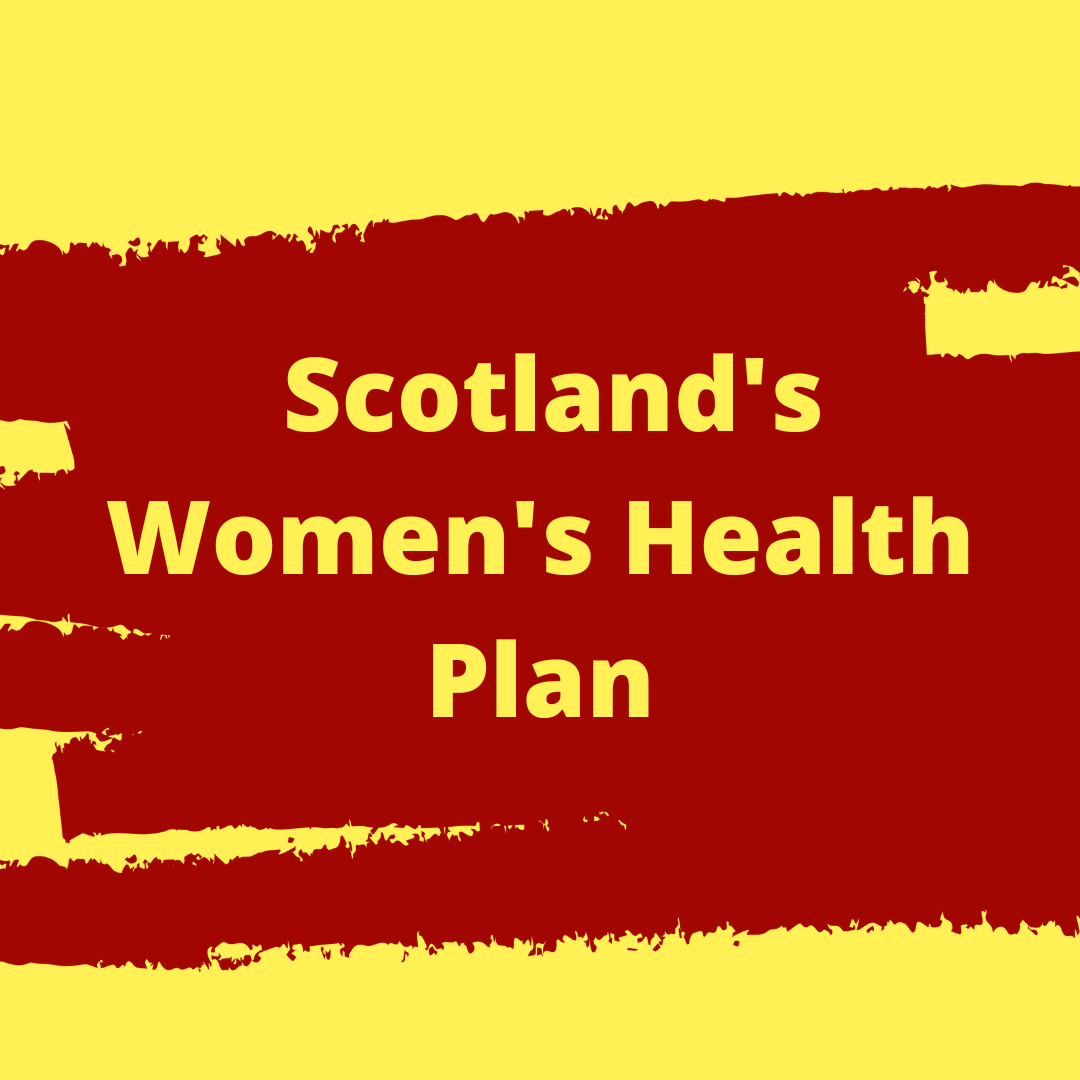 A graphic with bold yellow text reading "Scotland's Women's Health Plan" centered on a dark red, brush-stroke banner shape against a bright yellow background.