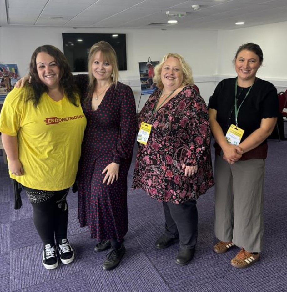 Picture of Minister Delyth Jewell MS with Gemma, Endometriosis UK volunteer, HJ, Welsh Coordinator and Faye Farthing, Head of Communications and Campaigns 