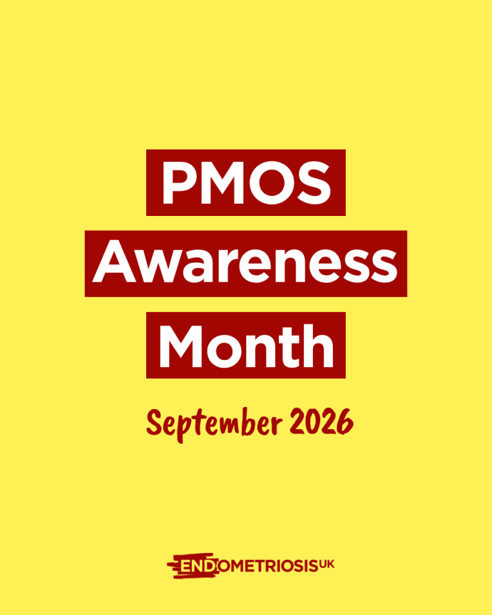 Graphic promoting PMOS Awareness Month on a pale yellow background. Three dark red banner panels contain large white text reading “PMOS Awareness Month”. Below, dark red script text reads “September 2026”