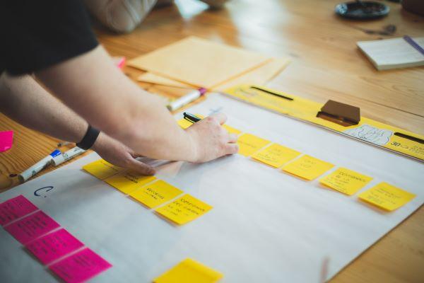 Yellow and pink post it notes on a white background