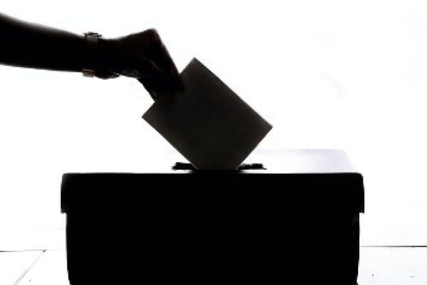 Person putting vote in ballot box