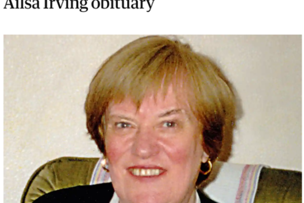 Image shows photograph of Ailsa Irving with the heading "Ailsa Irving obituary"