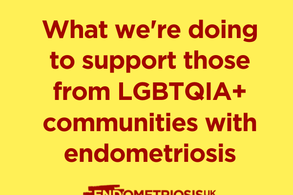 Red text on a yellow background reads: What we're doing to support those from LGBTQIA+ communities with endometriosis