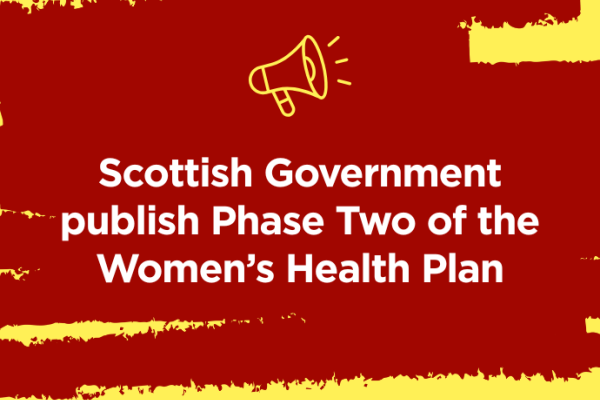 Image description: A red and yellow background with white text that reads "Scottish Government publish Phase Two of the Women's Health Plan". A small yellow megaphone icon sits above the text.