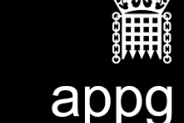 A black background and the crowned portcullis at the top right corner and "appg" at the bottom in white.