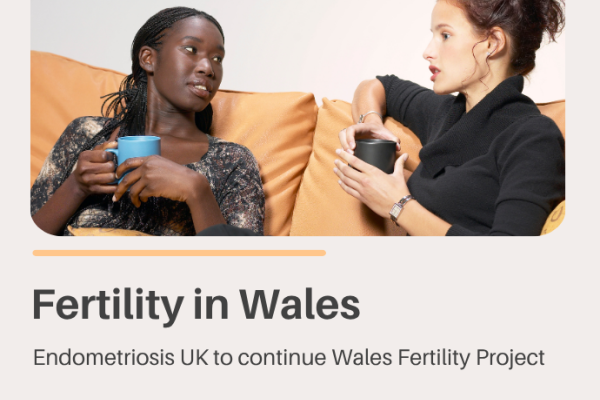 Banner for a fertility project in Wales. At the top, two people sit on a tan sofa holding mugs and talking. Below the image, large text reads "Fertility in Wales" with the subtitle "Endometriosis UK to continue Wales Fertility Project." The Endometriosis UK logo appears at the bottom.
