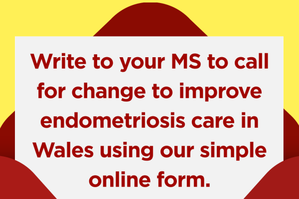 Graphic of an open red envelope on a yellow background with a letter emerging. The letter reads: "Write to your MS to call for change to improve endometriosis care in Wales using our simple online form." The Endometriosis UK logo appears at the bottom of the letter.