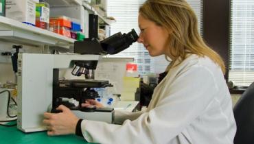 A scientist looking in a microscope